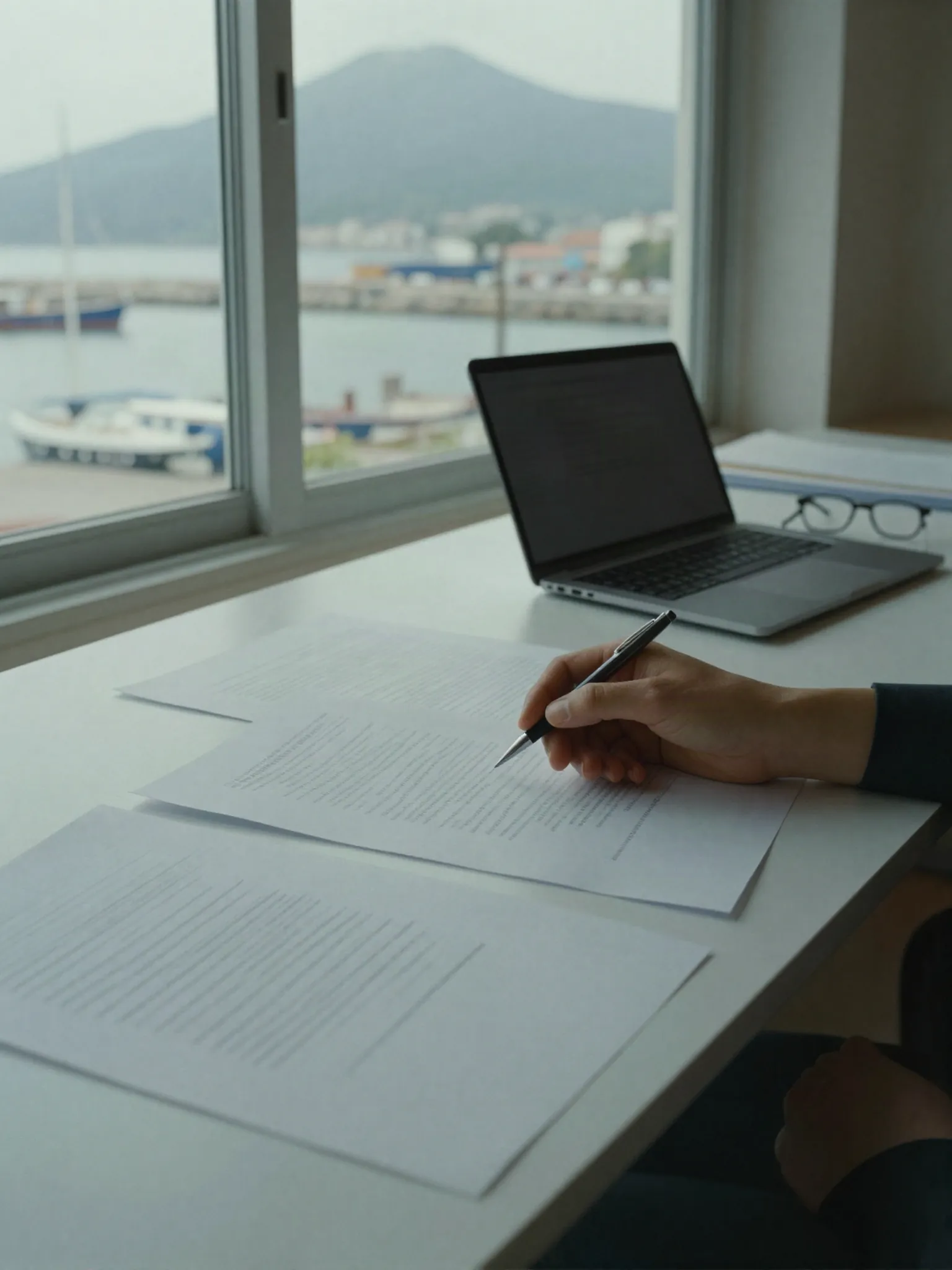 Printed quotes compared side by side on a desk by the harbour