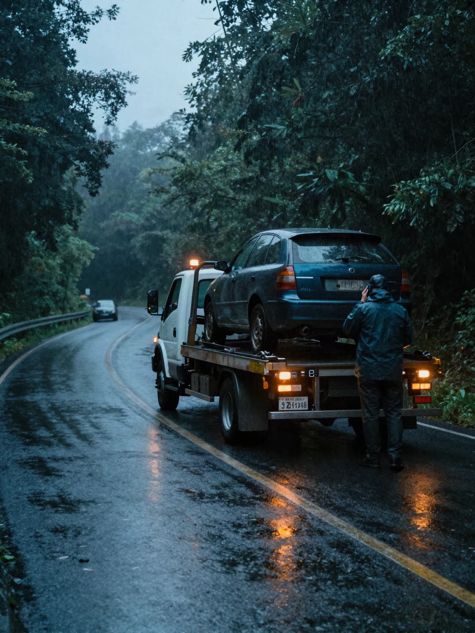 A tow truck collecting a damaged car on a wet rainforest road